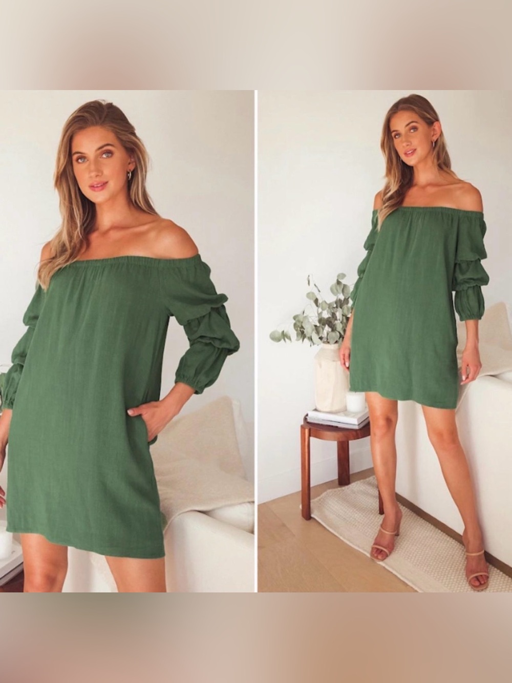 Lulus Green Off Shoulder Linen Blend Shift Dress L NWT Puff Sleeve Large